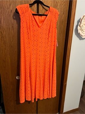 Sleeveless Coral Orange Eyelet Midi Dress with V-Neck